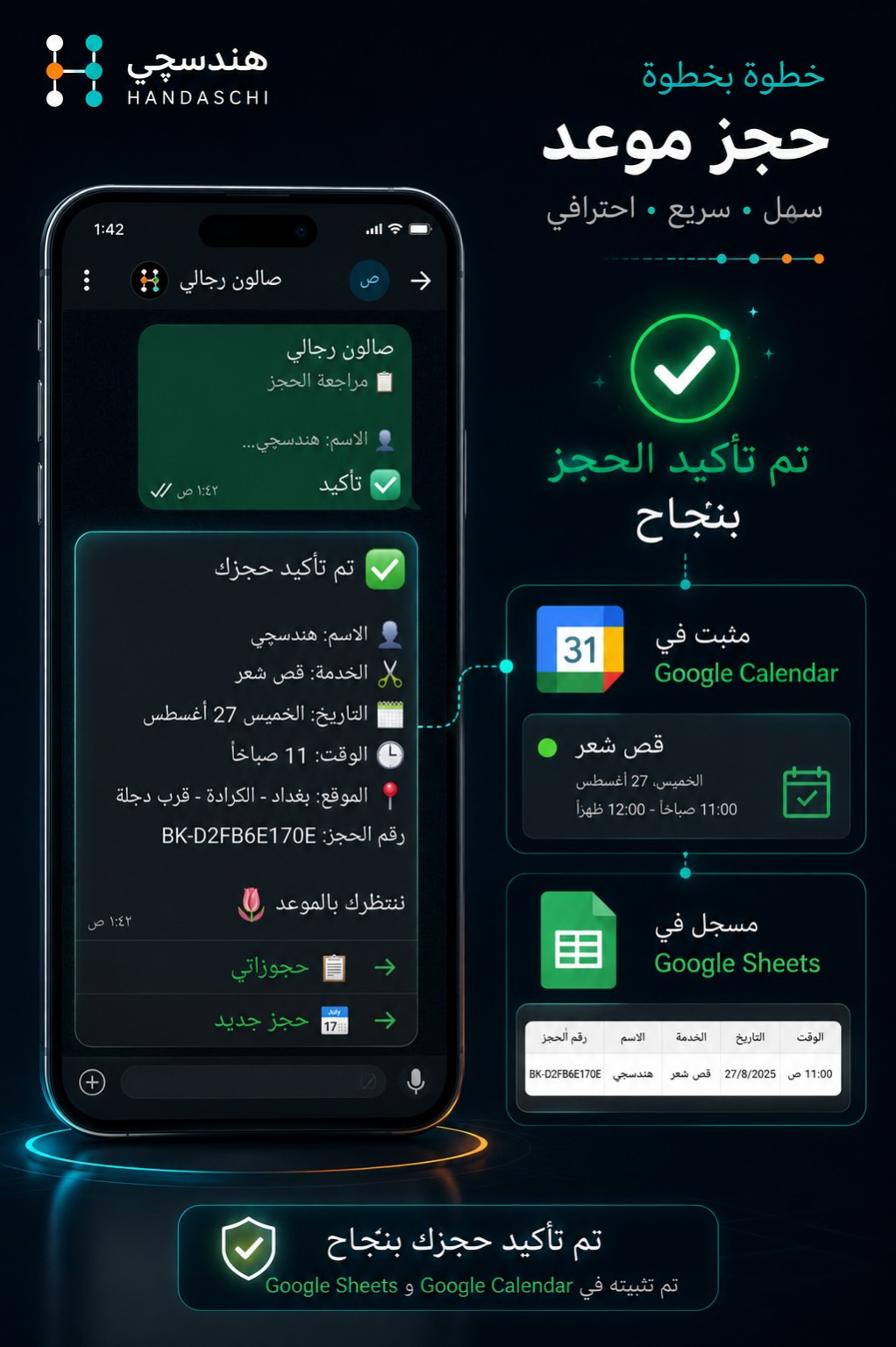 تأكيد حجز فعلي وتسجيله في Google Calendar ولوحة المتابعة